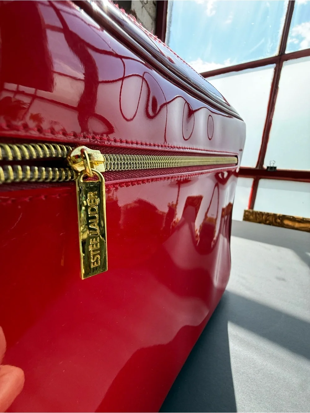 Estee Lauder Red Patent Cosmetic Case with Gold Zipper